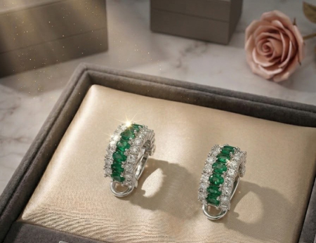 Cercei argint - Cercei Creole din Argint 925 cu Zirconiu Verde Smarald și Diamant Clear – Eleganță Regală și Strălucire Luxoasă