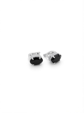 Cercei argint - Cercei Creole din Argint 925 „Midnight Onyx Elegance” - Cercuri pe Ureche cu Piatră Neagră și Zirconiu