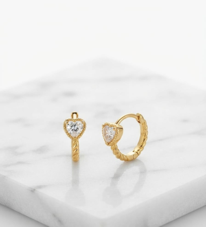 Cercei argint - Cercei Creole din Argint 925 Placați cu Aur „Twisted Heart” – Verigi Huggie de 14mm cu Zirconiu