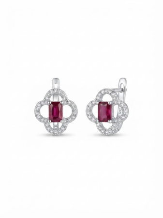 Cercei argint - Cercei Creole din Argint 925 „Ruby Clover Halo” - Cercuri pe Ureche cu Piatră Roșie și Ramă Geometrică