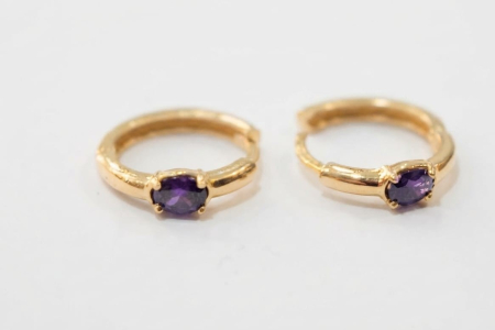 Cercei aur 14k copii - Cercei Creole din Aur Galben 14K cu Ametist / Zirconiu Violet Central, 14 mm, 1.77 g