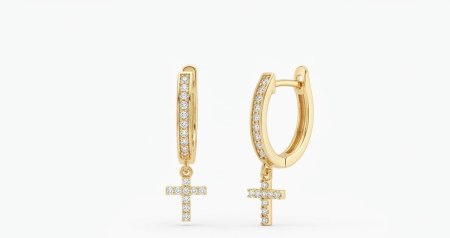 Cercei aur 14k - Cercei Creole din Aur Galben 14K cu Cruciulițe Mobile și Zirconiu (2 cm)