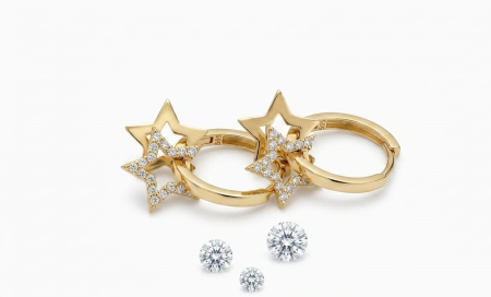 Cercei aur 14k copii - Cercei Creole din Aur Galben 14K cu Două Steluțe | Model Hoop Constelație cu Zirconiu