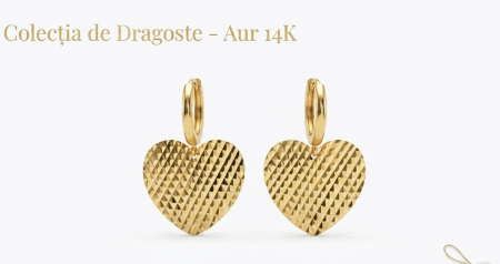 Cercei aur 14k - Cercei Creole din Aur Galben 14K cu Inimi Diamantate „Colecția de Dragoste”, 3.2 cm