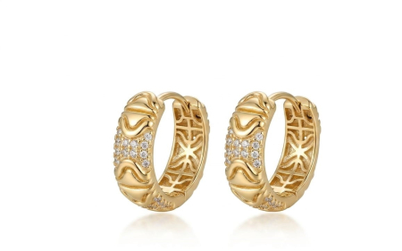 Cercei aur 14k - Cercei Creole din Aur Galben 14K cu Model Baroc și Zirconiu | Verigi Late Premium