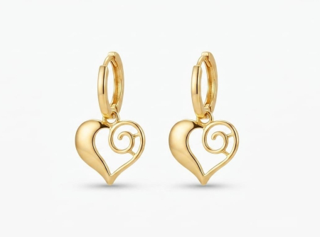Cercei aur 14k - Cercei Creole din Aur Galben 14K cu Pandantiv Inimă și Detaliu Spiralat Filigran – 2.5cm, 3.00g
