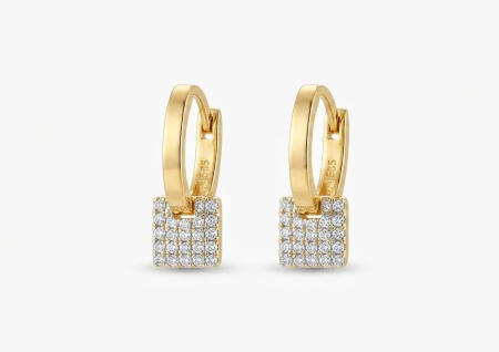 Cercei aur 14k - Cercei Creole din Aur Galben 14K cu Pandantiv Pătrat Pavé și Zirconii – 2cm, 2.62g