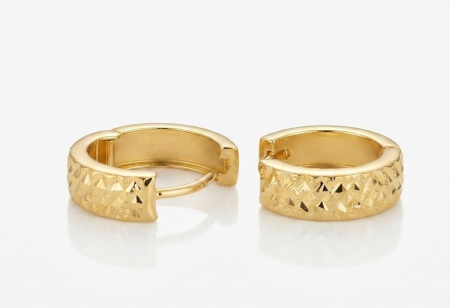 Cercei aur 14k copii - Cercei Creole din Aur Galben 14K cu Textură Diamantată, Model Huggie 11 mm, 1.73g