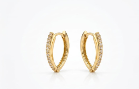 Cercei aur 14k - Cercei Creole din Aur Galben 14K cu Zirconiu | Model Verigă Ovală Fluidă