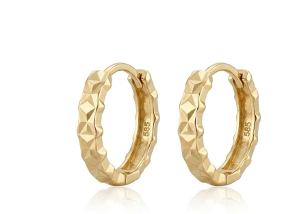 Cercei aur 14k - Cercei Creole din Aur Galben 14K Fațetați | Model Verigă cu Textură Geometrică 3D