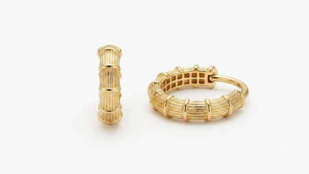 Cercei aur 14k - Cercei Creole din Aur Galben 14K, Model Bamboo Canelat cu Inele în Relief, 12 mm, 1.71 g