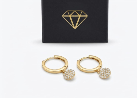 Cercei aur 14k copii - Cercei Creole din Aur Galben 14K | Model Verigă cu Bănuț Pavat cu Zirconiu