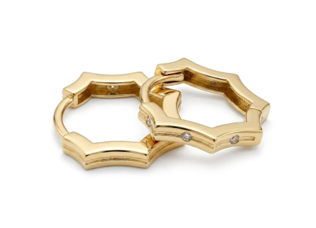 Cercei aur 14k - Cercei Creole Geometrice în Formă de Stea din Aur Galben 14K cu Cristale Zirconia