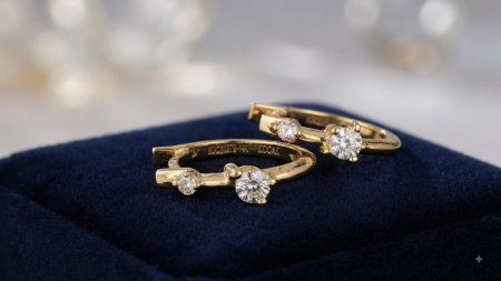 CERCEI AUR 14K CU DIAMANT NATURAL - Cercei Creole (Hoops) din Aur Galben 14K cu Inserție Asimetrică de Diamante 0.43 CT