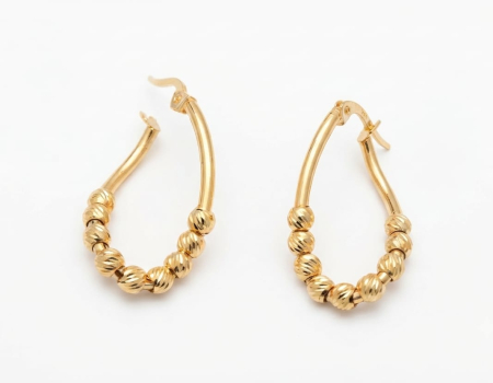 Cercei aur 14k - Cercei Creole în Formă de Lacrimă din Aur Galben 14K cu Biluțe Diamantate – 1.57 gr, 2.5 cm