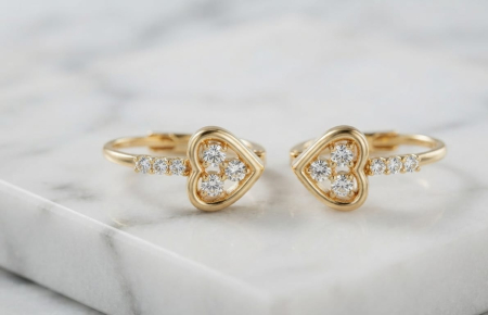 Cercei aur 14k - Cercei Creole Inimă din Aur Galben 14K cu Cristale – 18mm (3.06 gr)