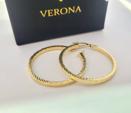 Cercei aur 14k - Cercei Creole Mari din Aur Galben 14K cu Textură Diamantată