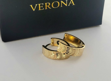 Cercei aur 14k - Cercei Creole Mici din Aur Galben 14K cu Model Geometric Diamantat