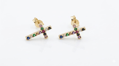 Cercei aur 14k surub - Cercei Cruce din Aur Galben 14K cu Zirconiu Multicolor și Închidere cu Șuru