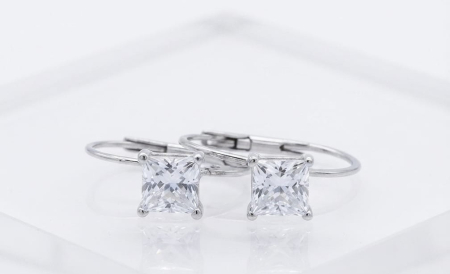 Cercei argint - Cercei Damă din Argint 925 cu Tortiță Franțuzească, Model Pătrat cu Zirconiu Cubic, 2cm, 1.70g