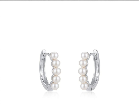 Cercei argint - Cercei Damă din Argint 925, Model Creole Huggies Ovale cu Mini-Perle, 15mm, 2.00g