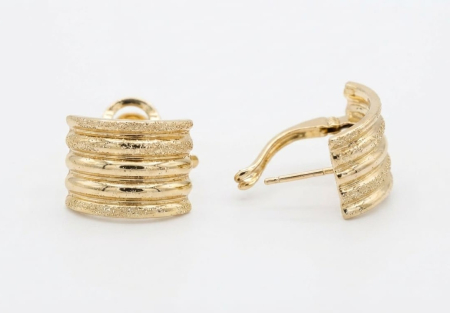 Cercei aur 14k - Cercei Damă din Aur 14K Fără Pietre, Model Semi-Verigă Lată cu Striuri Diamantate, 18 mm