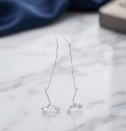 Cercei argint - Cercei Dama Lungi Asimetrici din Argint 925 cu Constelație de Stele – 1.4g, 9cm