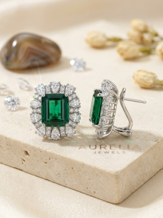 Cercei argint - Cercei din Argint 925 „Aurelia” – Model Smarald Octogon cu Dublu Halo de Zirconiu Cubic
