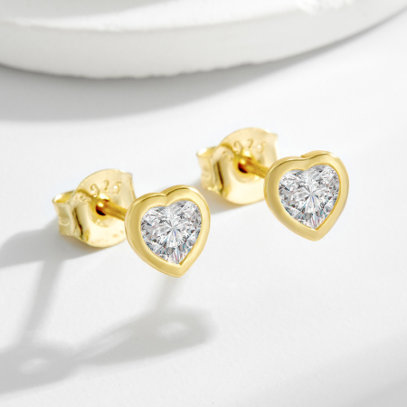 Cercei argint - Cercei din Argint 925 Aurit model Inimă cu Cristal Zirconia Solitaire, Tip Șurub