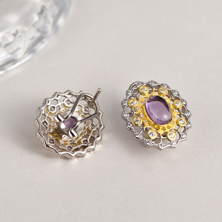 Cercei argint - Cercei din Argint 925 Bicolor - Vintage Amethyst Filigree (Clips-Șurub)