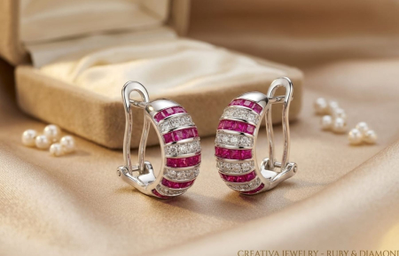 Cercei argint - Cercei din Argint 925 Creativa Jewelry – Model Jante cu Rubine Baghetă și Zirconiu