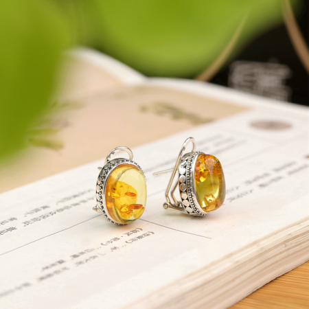 Cercei argint - Cercei din Argint 925 cu Chihlimbar Natural Honey Amber și Detalii Vintage