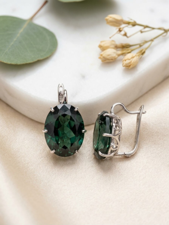 Cercei argint - Cercei din Argint 925 cu Cristal Oval Verde Smarald – Model Royal 2.5cm
