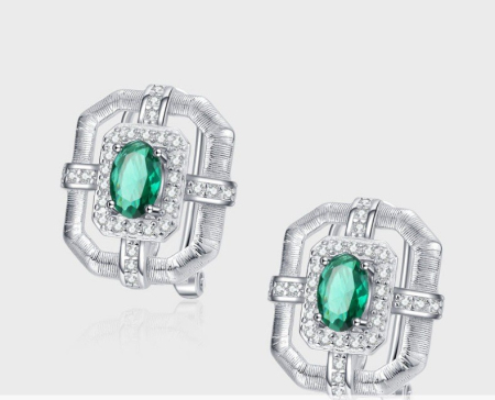 Cercei argint - Cercei din Argint 925 cu Cristal Oval Verde Smarald și Cadru Geometric Texturat