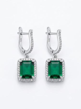 Cercei argint - Cercei din Argint 925 cu Cristal Verde Smarald Tăietură Emerald și Halou (4.5g, 3cm)