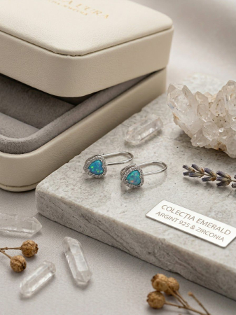 Cercei argint - Cercei din Argint 925 cu Inimă din Opal Albastru și Zirconiu Colecția Emerald