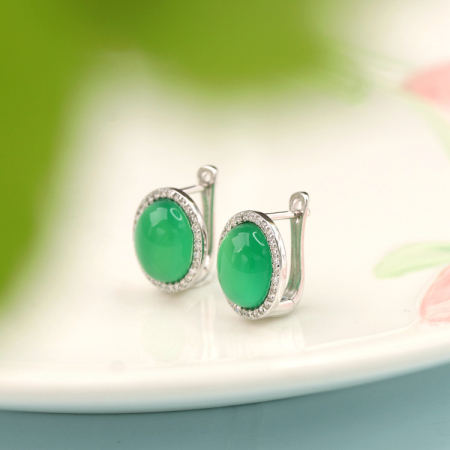 Cercei argint - Cercei din Argint 925 cu Jad Verde Cabochon și Halou de Zirconiu