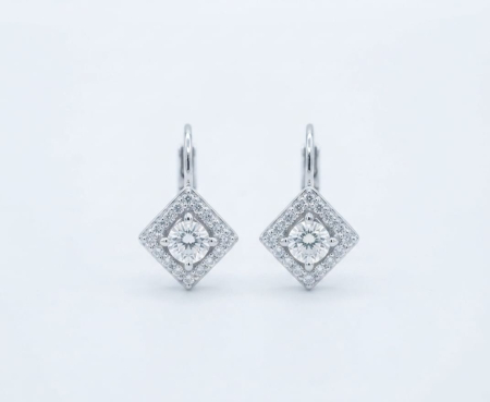 Cercei argint - Cercei din Argint 925 cu Pandantiv Romb, Zirconiu Solitar și Halo Pavé, 15mm, 2.7g