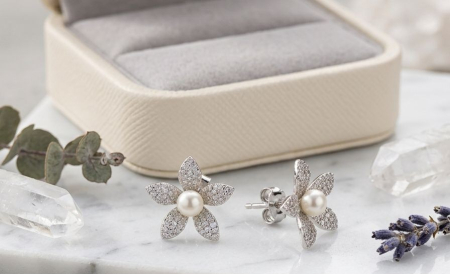 Cercei argint - Cercei din Argint 925 cu Perlă și Diamante Jasmin Colecția Florală