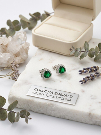 Cercei argint - Cercei din Argint 925 cu Smarald Trilliant și Zirconiu Colecția Emerald
