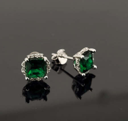 Cercei argint - Cercei din Argint 925 cu Zirconiu Verde Smarald și Coroană Halo