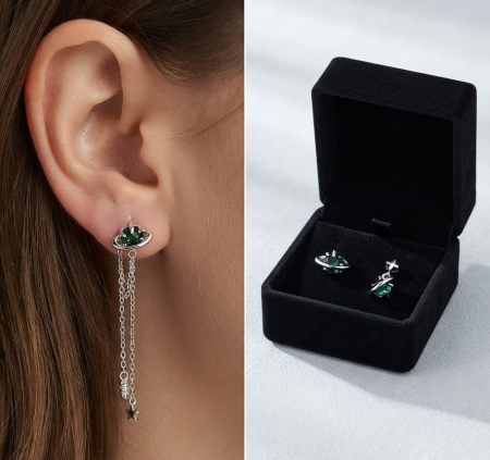 Cercei argint - Cercei din Argint 925 Emerald Cosmic Orbit – Design mistic și eleganță asimetrică