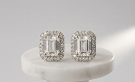 Cercei argint - Cercei din Argint 925 Emerald Cut Halo 12mm – Eleganță aristocratică și strălucire de diamant