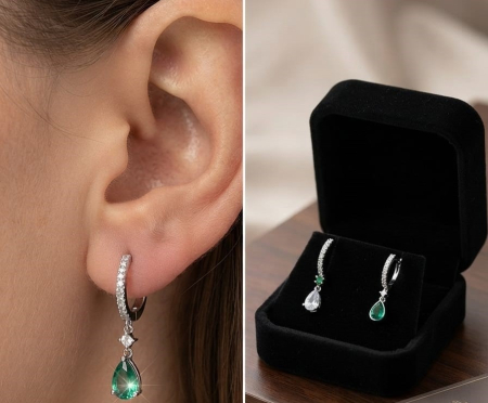 Cercei argint - Cercei din Argint 925 Emerald Mirage 2.5cm – Rafinament asimetric și reflexii de smarald