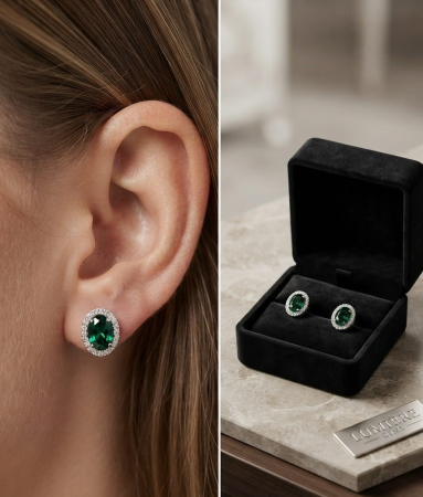Cercei argint - Cercei din Argint 925 Emerald Royal Halo – Eleganță aristocratică și strălucire atemporală