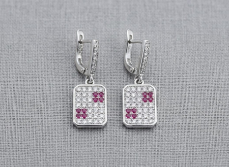 OUTLET - Cercei din Argint 925 „Geometric Glam” – Pandantive Dreptunghiulare cu Cristale Albe și Roz