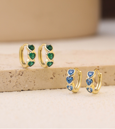 Cercei argint - Cercei Din Argint 925 Gold Emerald Triple Heart Hoops