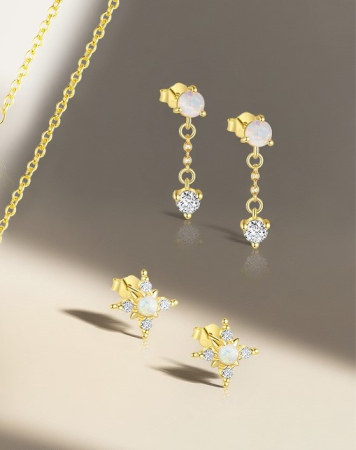 Cercei argint - Cercei Din Argint 925 Gold Opal Star & Drop Set