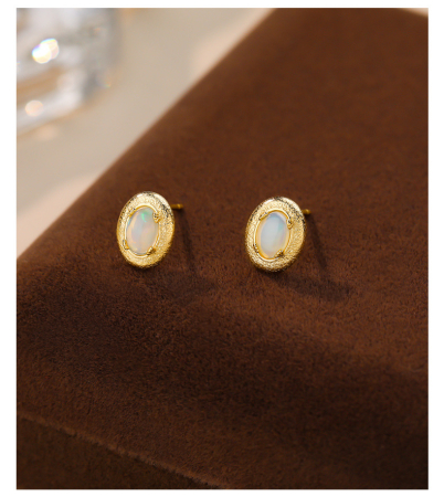 Cercei argint - Cercei Din Argint 925 Gold Oval Vintage Opal Studs