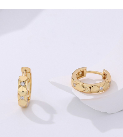 Cercei argint - Cercei Din Argint 925 Gold Quilted Star Huggie Hoops
